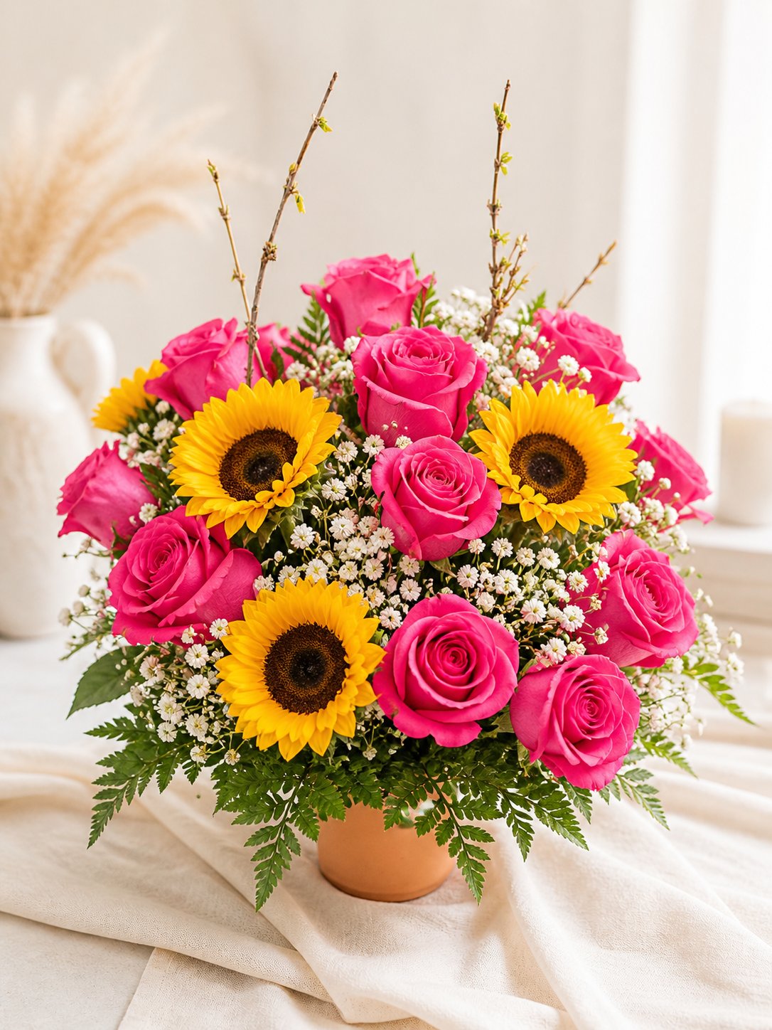 Roses/sunflower pot arrangement